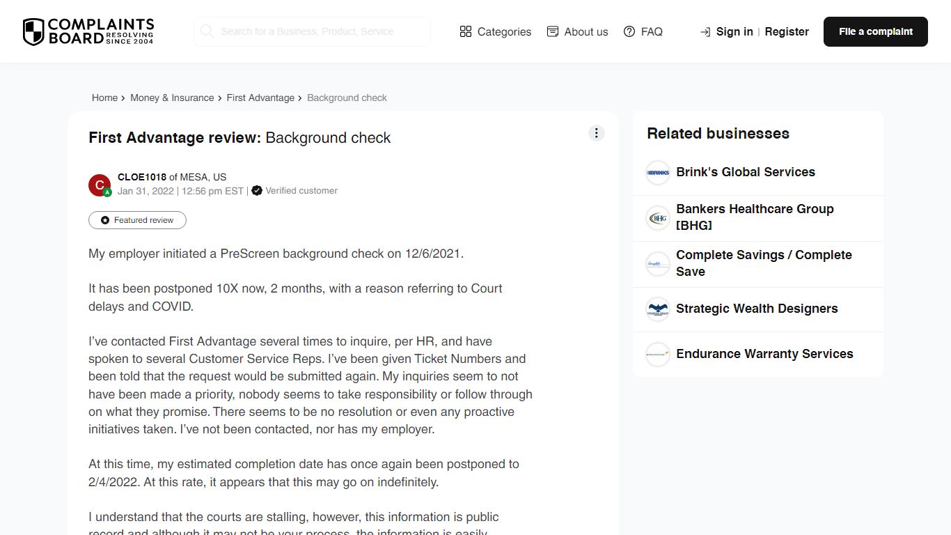 First Advantage review: Background check - Complaints Board