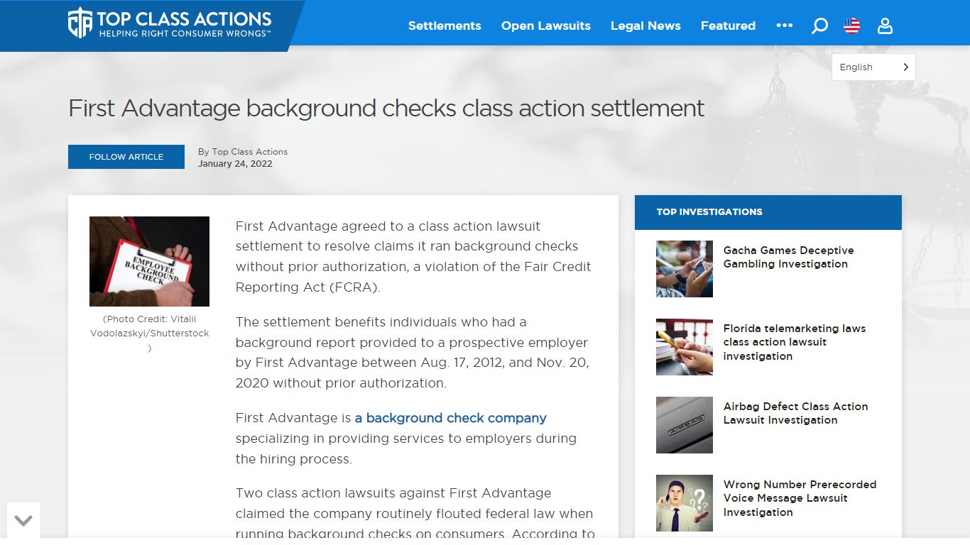 First Advantage background checks class action settlement